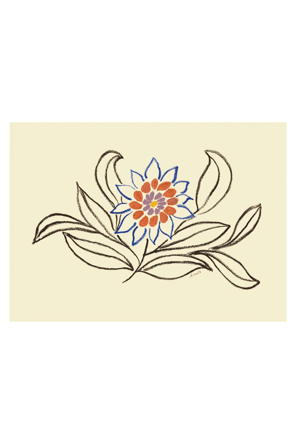 The Poster Club Nectar, an expressive abstract floral art print featuring a stylized flower illustration with bold charcoal outlines and textured pastel-like colors on a pale yellow background. The central bloom showcases vibrant orange and purple petals outlined in bright blue, flanked by large, curving dark leaves. Perfect as contemporary wall art for modern living rooms, Scandinavian bedrooms, or adding a pop of color to a curated gallery wall.