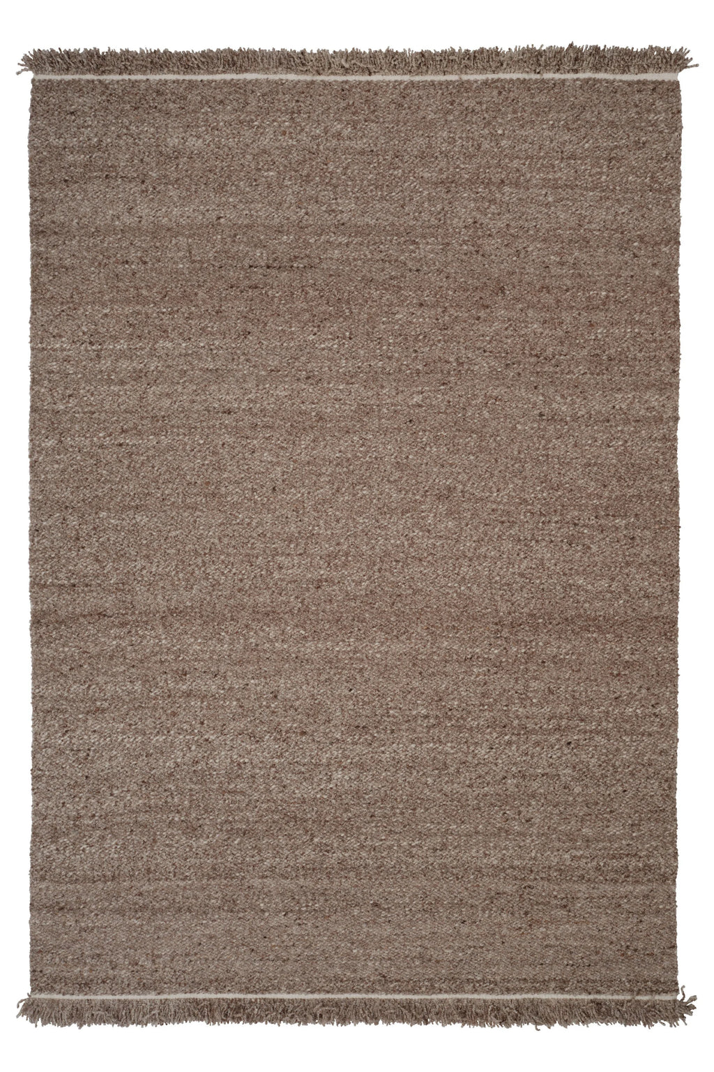 Linie Design Peaceful Parity Rug, a plush hand-knotted wool area rug featuring a natural, undyed taupe-brown and greige speckled texture with subtle variations, accented by fine cream stripes near the shaggy fringed ends. This premium wool rug adds organic modern warmth to Scandinavian living rooms, japandi bedrooms, or cozy minimalist spaces.