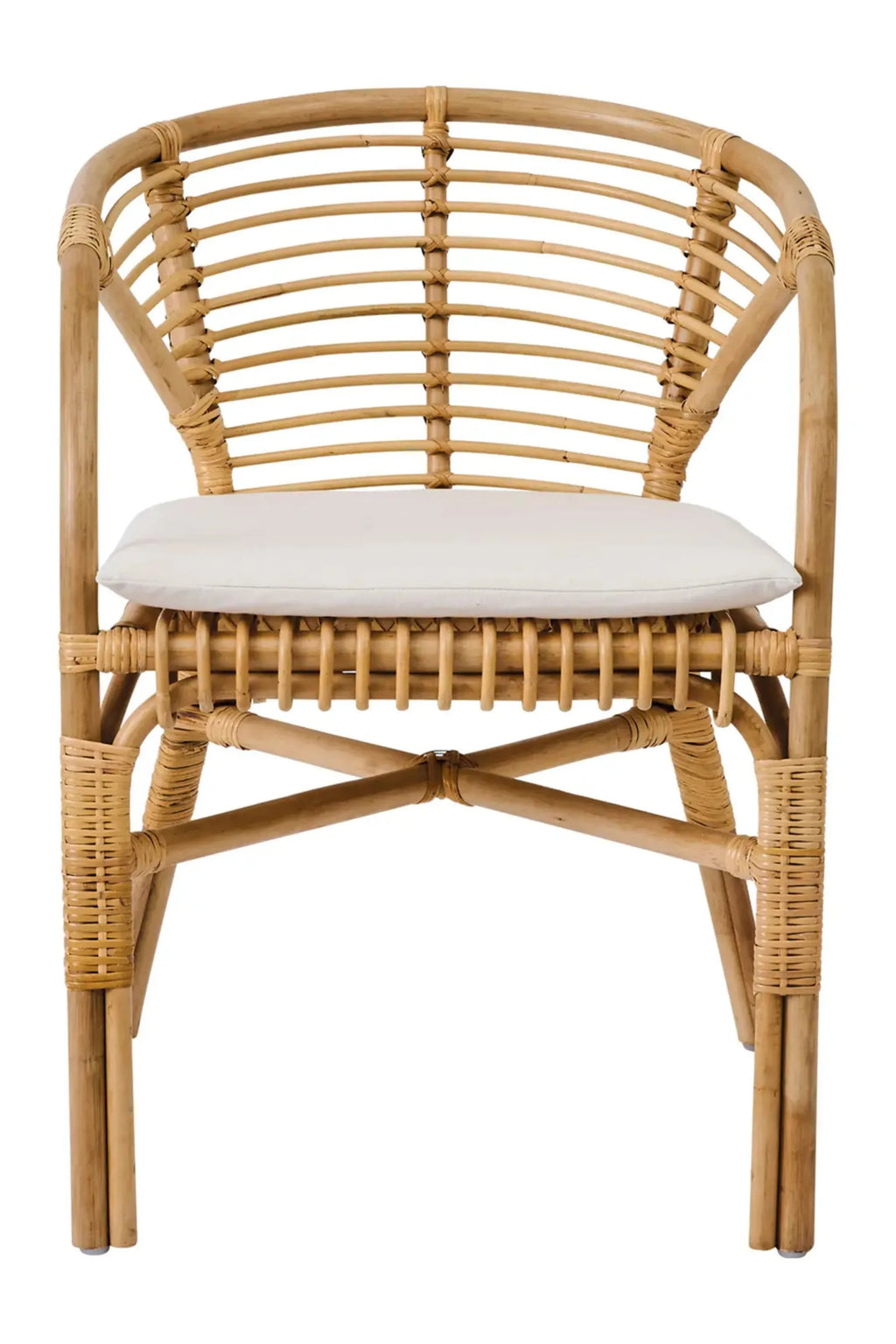 Tine K Dola Rattan Chair - Set of 2, a natural light brown rattan dining chair featuring a gracefully curved slatted backrest, rounded arms, and a plush removable white seat cushion. This handcrafted woven rattan chair showcases an organic modern design with sturdy cylindrical legs and intricate wrapped detailing. Perfect as a boho accent chair for living rooms, Scandinavian dining areas, or coastal-inspired patios.