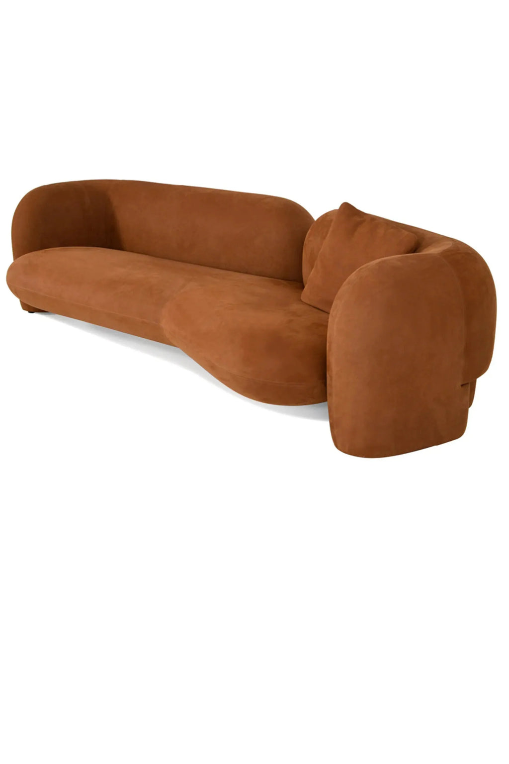 Hessentia Gio Curved Sofa, an organic modern statement sofa upholstered in a rich terracotta brown velvet fabric with a soft, plush texture. This contemporary sofa features a unique sculptural, asymmetrical silhouette with gracefully rounded armrests and a deep, inviting seat. Perfect for adding a touch of sophisticated warmth to modern living rooms or open-plan luxury interiors.