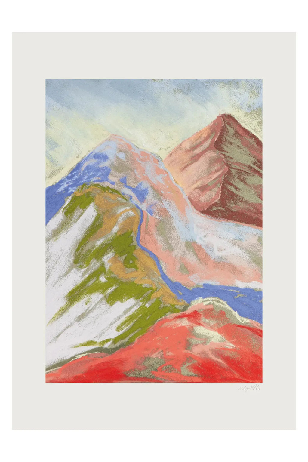 The Poster Club Cuillin Ridge II, an expressive abstract landscape art print featuring a vibrant mountain range with broad, painterly brushstrokes in shades of dusty blue, coral red, olive green, and pale cream, evoking a contemporary impressionistic style. This colorful wall poster is ideal for adding modern wall art to a living room, bedroom, or gallery wall.