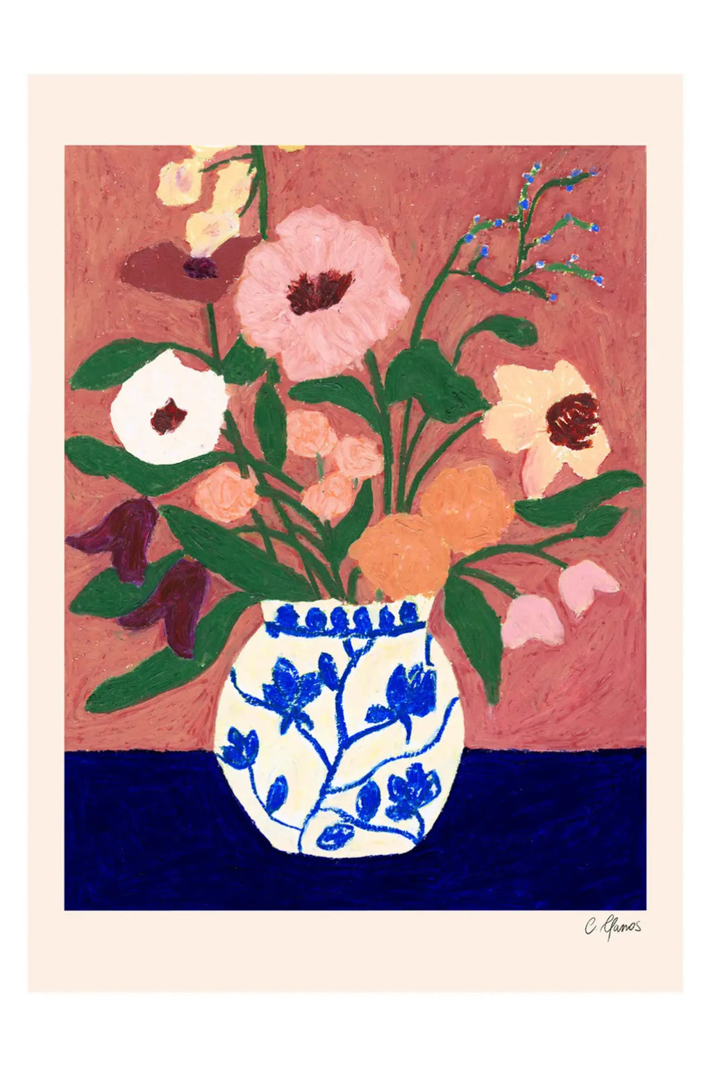 The Poster Club Flowers on Blue Table, a vibrant contemporary floral art print showcasing an impressionistic bouquet of pink, peach, white, and burgundy flowers with green stems, set in a cream vase with a bold.