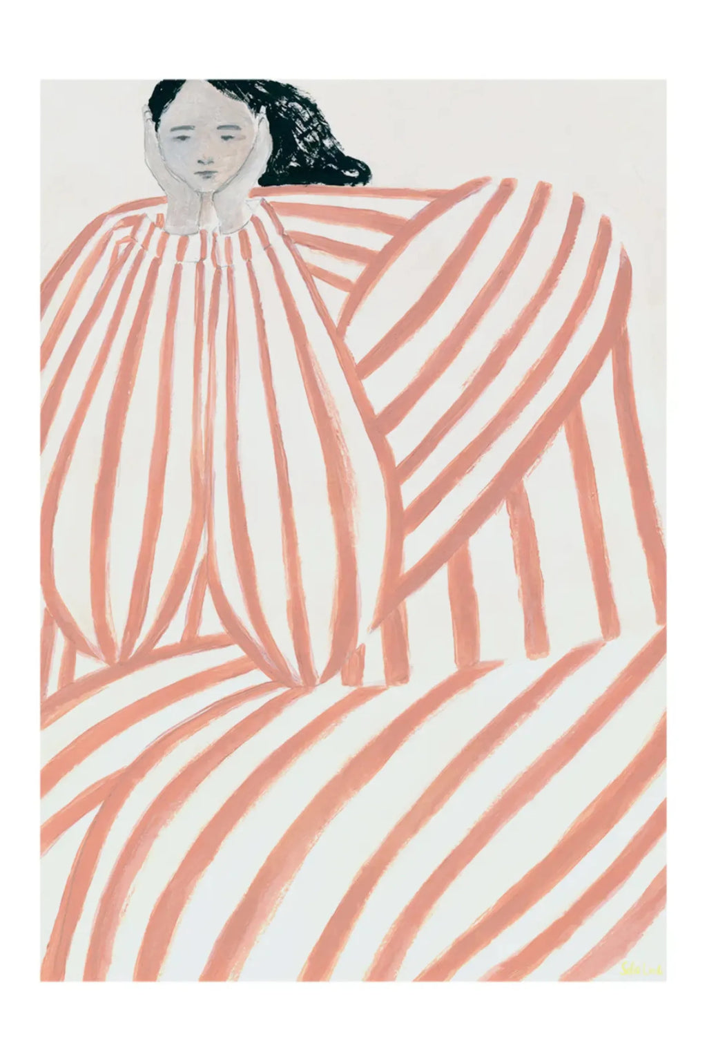 The Poster Club Still Waiting, a contemporary abstract figurative art print featuring a woman with dark hair and a pale, minimalist face, resting her chin in her hands. She wears a voluminous garment with expressive, hand-painted peach and white vertical and diagonal stripes against a clean white background. Ideal as unique wall art for modern minimalist living rooms, Scandinavian bedrooms, or a stylish addition to any contemporary gallery wall.