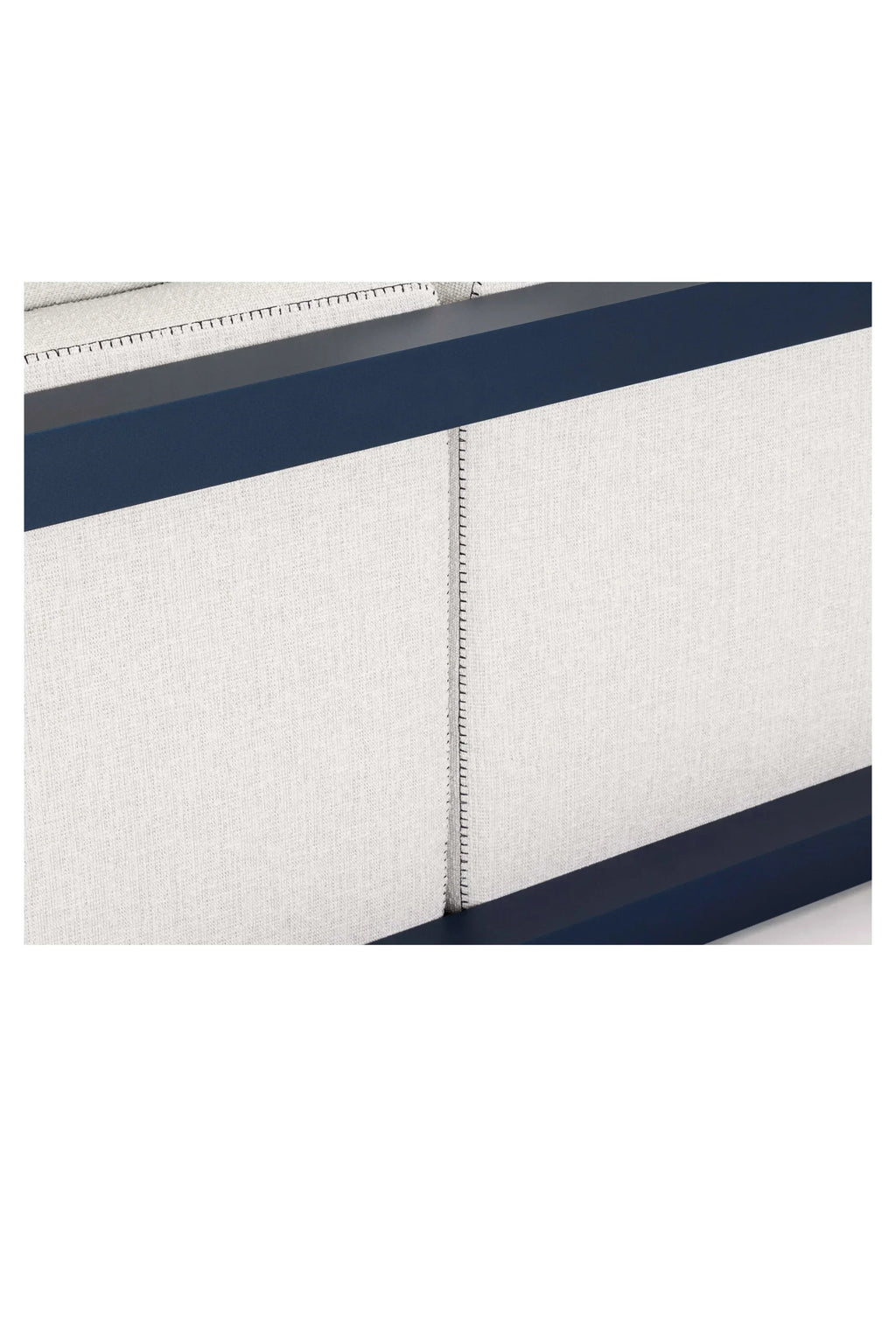 Gandia Blasco Islablanca Outdoor 2 Seat Sofa, a contemporary 2-seater outdoor sofa featuring a sturdy navy blue metal frame and plush cushions upholstered in a light grey woven outdoor.