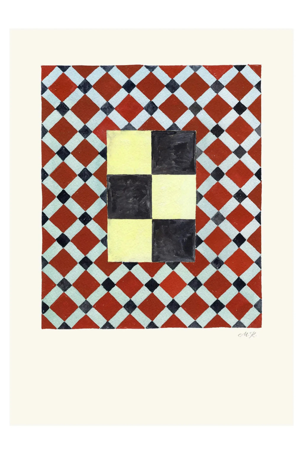 The Poster Club Tern No. 7, a vibrant geometric abstract art print showcasing a central checkerboard pattern of soft pale yellow and deep black squares.