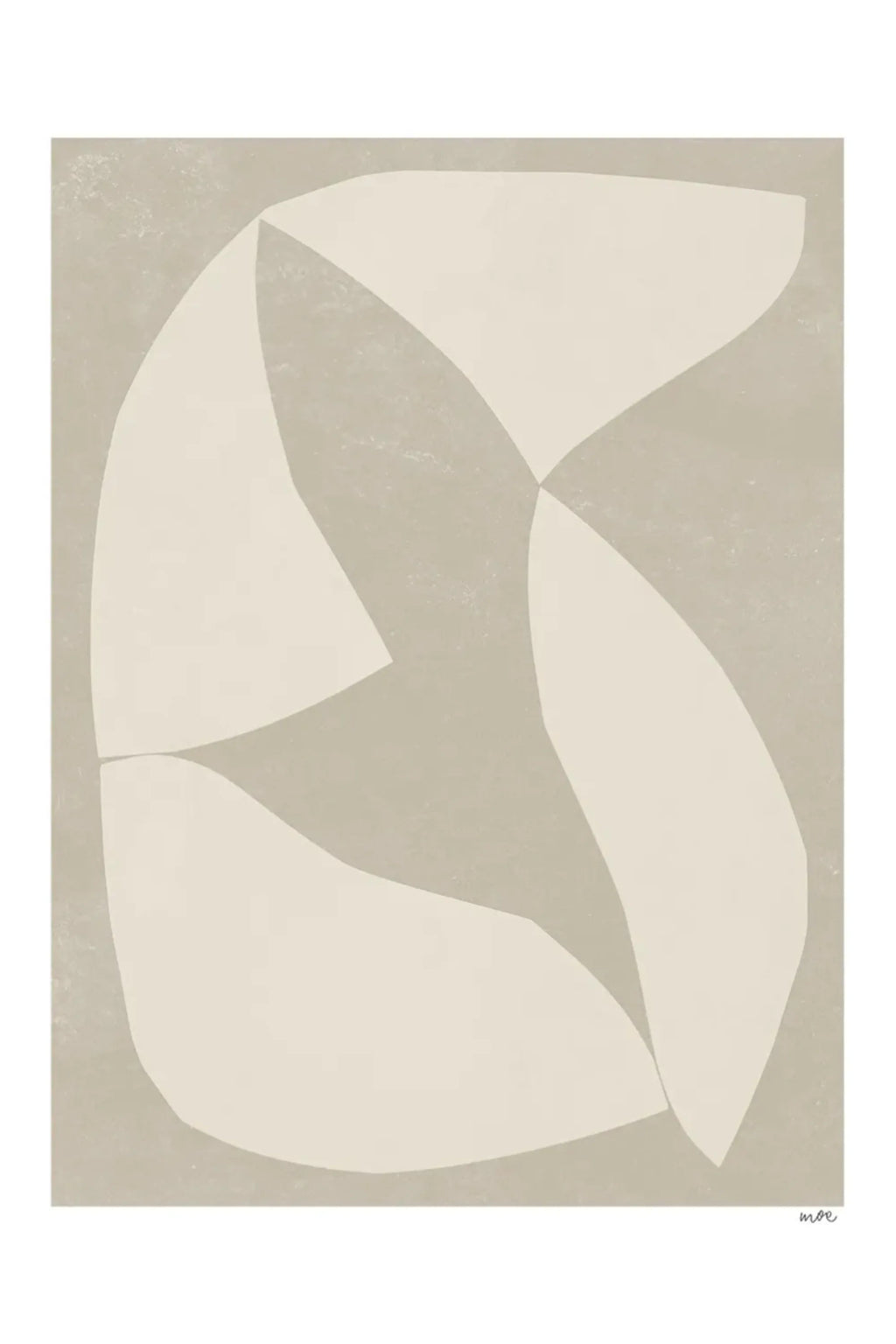 The Poster Club Fragments, a modern minimalist abstract art print showcasing organic cream and off-white interlocking shapes against a warm beige textured background, presenting a calming neutral aesthetic. This contemporary poster is ideal for Scandinavian living rooms, japandi bedrooms, or minimalist home office gallery walls.