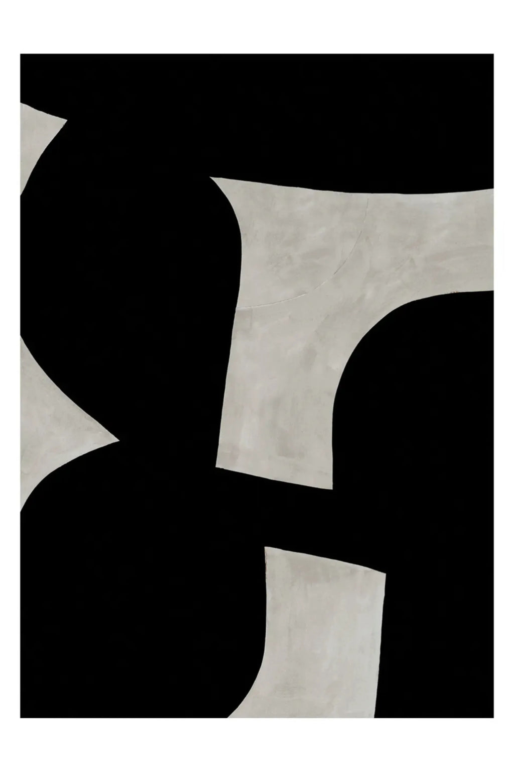 The Poster Club Bridge, a minimalist abstract art print featuring bold, organic black shapes interlocking with textured light grey, almost concrete-like, forms. This monochromatic design creates a striking visual contrast with its smooth matte black areas and subtly textured off-white elements. Perfect as modern wall art for contemporary living rooms, industrial chic spaces, or a sophisticated gallery wall.