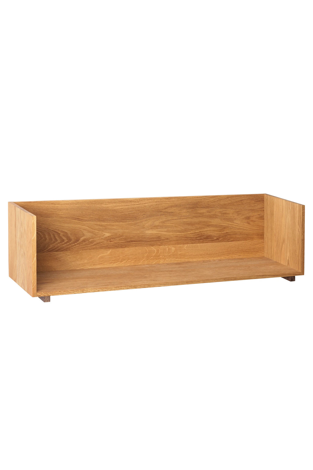 Kristina Dam Stack Wall Shelf, a modern minimalist wall-mounted shelf crafted from light natural solid oak wood, featuring a clean rectangular open box design with a recessed storage area and subtle base supports. This contemporary wooden shelf showcases natural oak grain and a smooth finish, embodying Scandinavian design principles. Perfect for stylish storage and display in living rooms, bedrooms, or home offices.