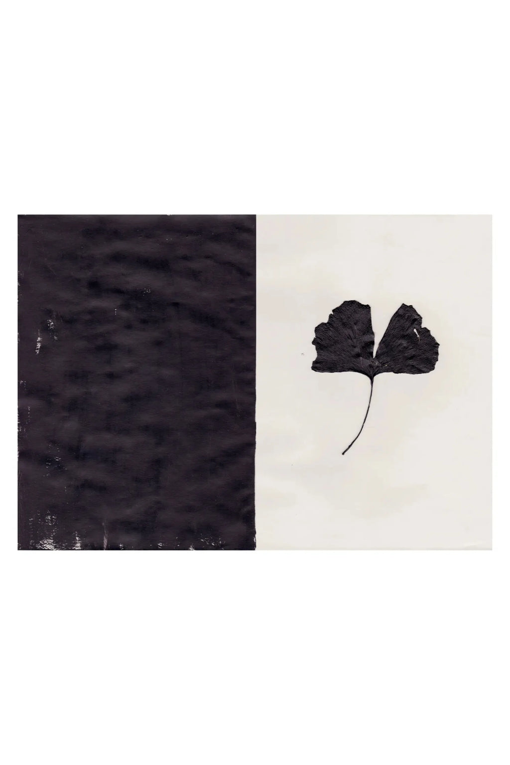 The Poster Club Black Ginkgo, a striking modern minimalist art print featuring a detailed matte black ginkgo leaf silhouette against a creamy off-white background, contrasted with a richly textured matte black.