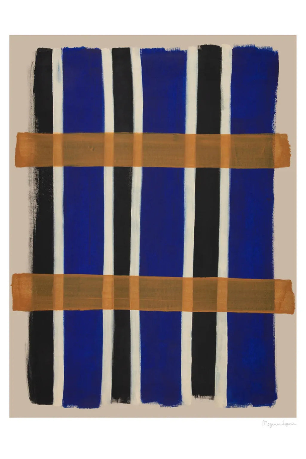 The Poster Club Checkered, a modern abstract art print featuring bold vertical brushstrokes in royal blue, black, and off-white, intersected by two textured horizontal bands of warm caramel brown, all set against a neutral taupe background. This contemporary graphic poster is perfect for adding color and minimalist style to living rooms, bedrooms, or gallery walls.