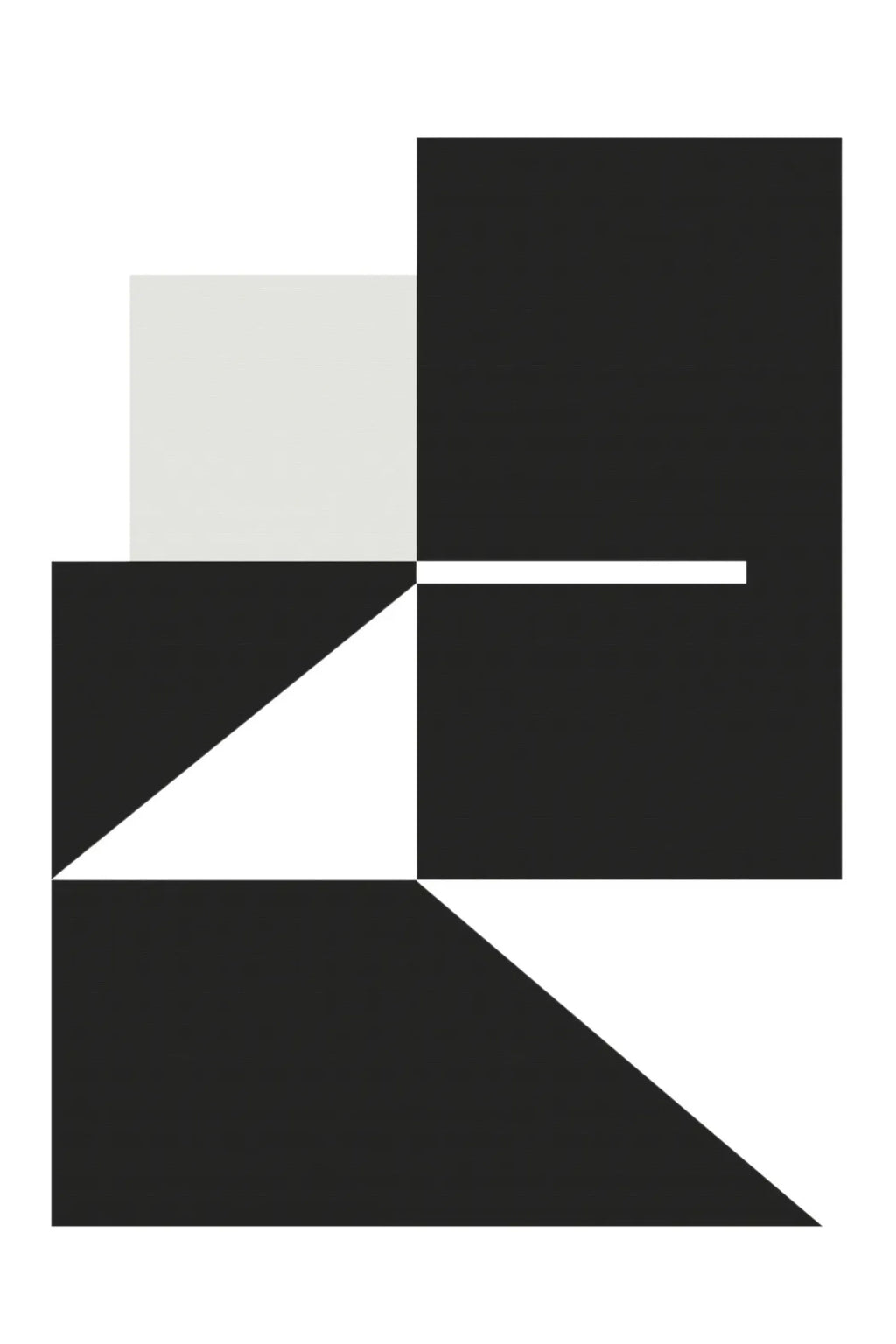 The Poster Club Composition 01, a striking modern minimalist geometric abstract art print featuring bold black and white rectangular and triangular shapes with a subtle light grey accent, creating a dynamic, balanced composition. This contemporary wall art is ideal for Scandinavian living rooms, modern home offices, or as a focal point on a gallery wall.