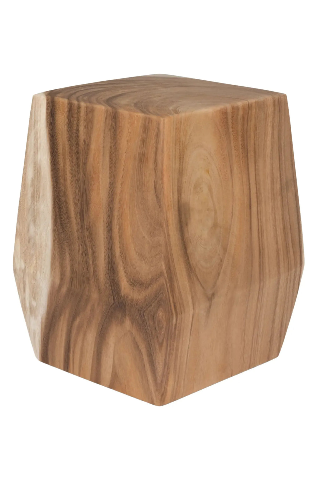 Detjer Stool S.A.S. 005, a solid acacia wood stool featuring a faceted geometric block design with a smooth, polished finish and rich natural wood grain in warm brown and light tan tones. This sculptural piece functions beautifully as an organic modern accent table or a minimalist side table for contemporary living rooms and bedrooms.