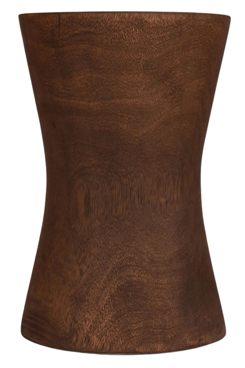 Detjer Stool S.A.S. 002, a dark brown solid wood stool featuring a unique hourglass silhouette and a smooth, rich wood grain finish. This sculptural accent piece embodies organic modern design, making it a versatile contemporary side table, minimalist bedside table, or stylish plant stand for living rooms and bedrooms.