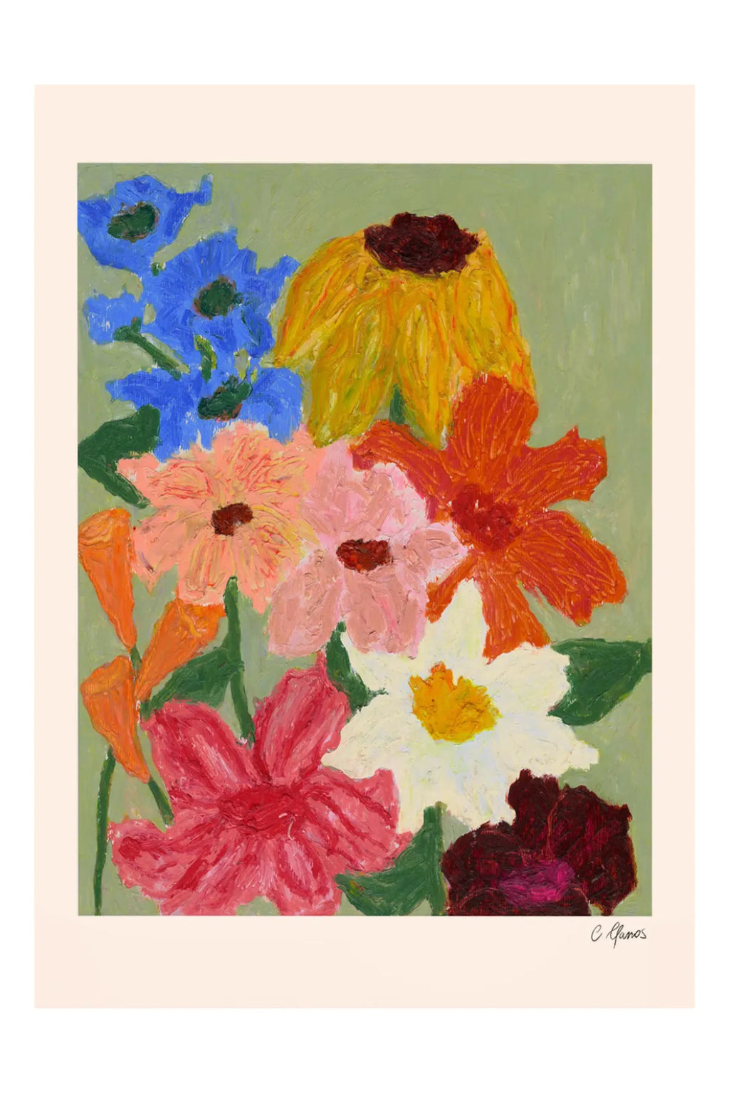 The Poster Club Flowers on Sage Green, an expressive abstract floral art print featuring a vibrant bouquet of flowers against a soft sage green background.