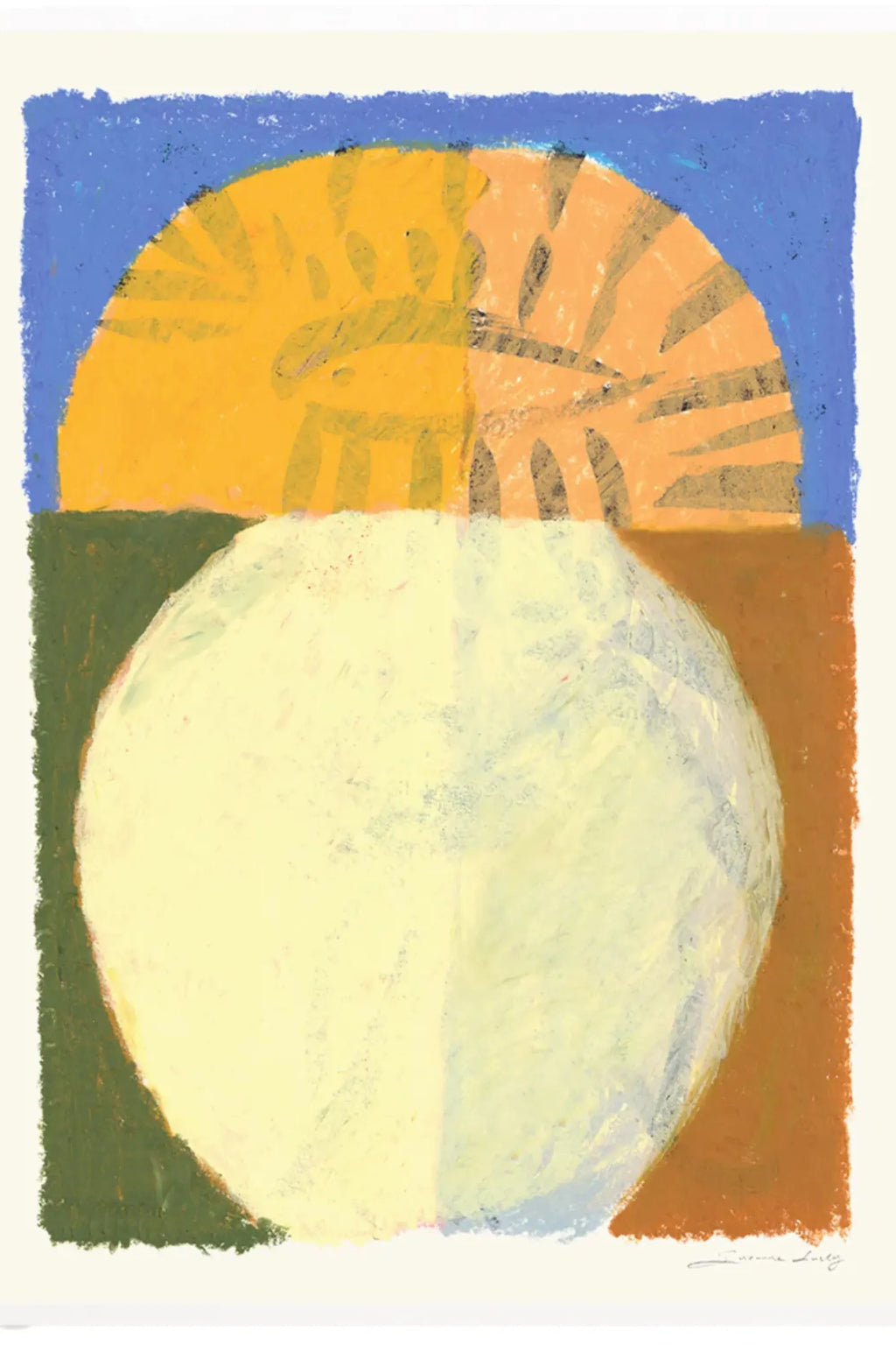 The Poster Club The Eye, a vibrant abstract art print featuring bold geometric shapes and a distinct chalky pastel texture, with a mustard yellow semicircle against a royal blue background and a large pale cream circle.