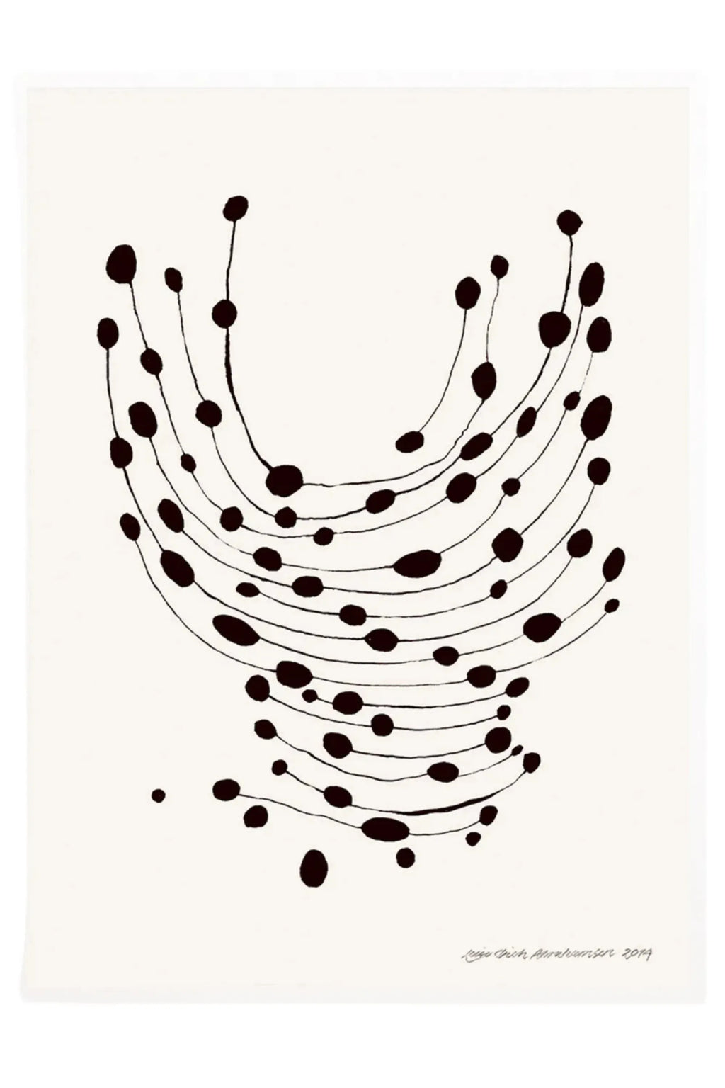 The Poster Club Dancing Dots, an abstract art print featuring a dynamic composition of hand-drawn black lines and organic dots on a warm cream background. The minimalist design creates a sense of movement and contemporary elegance. Perfect for adding graphic interest to modern minimalist living rooms, Scandinavian bedrooms, or a curated gallery wall.