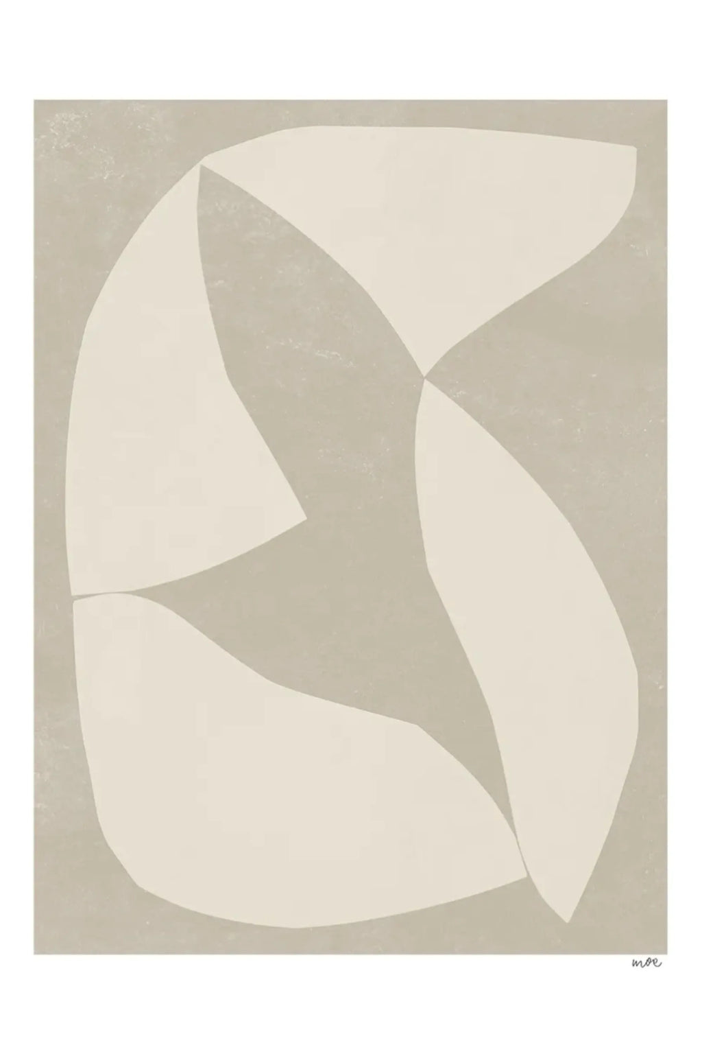 The Poster Club Entwined, a minimalist abstract art print featuring interlocking organic shapes in soft off-white and cream tones against a textured neutral beige background, signed 'moe'. This contemporary poster is ideal for creating a serene gallery wall in organic modern, Scandinavian, or japandi living rooms and bedrooms.