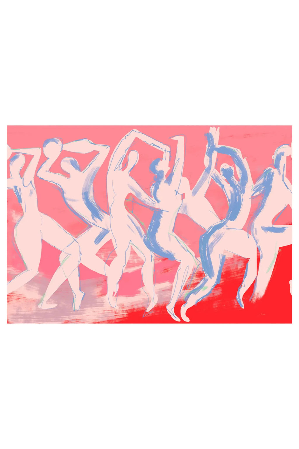 The Poster Club Dancing, a vibrant abstract figurative art print featuring a dynamic composition of dancing figures rendered in expressive, painterly strokes. The artwork showcases a bold coral pink and deep red background with fluid outlines of light pastel pink and muted blue figures, creating a sense of movement and energy. Ideal as modern wall art for contemporary living rooms, creative studio spaces, or a lively addition to a gallery wall.