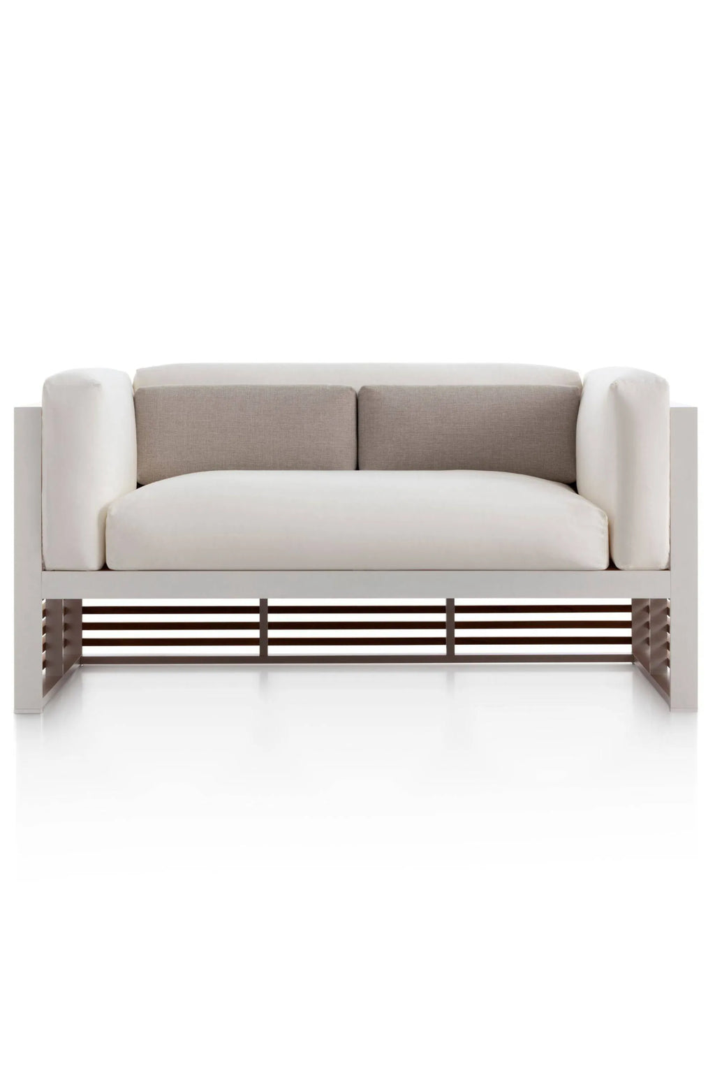 Gandia Blasco DNA Teak 2-Seat Sofa, a modern minimalist outdoor sofa featuring a crisp white powder-coated aluminum frame with clean lines, plush white upholstered outdoor fabric seat and arm cushions, and contrasting beige back cushions. Its base showcases elegant dark brown horizontal teak wood slats, adding a touch of natural warmth to its contemporary design. Perfect for stylish outdoor living rooms, sophisticated patios, or contemporary poolside lounges.