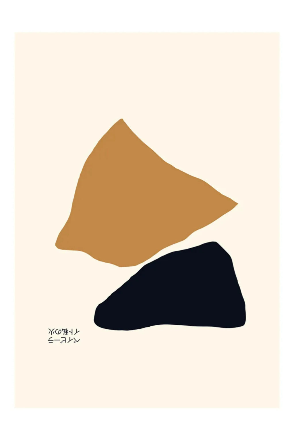 The Poster Club Traces, a minimalist abstract art print featuring two organic, irregular shapes in warm mustard yellow and deep navy blue, set against a soft beige background.