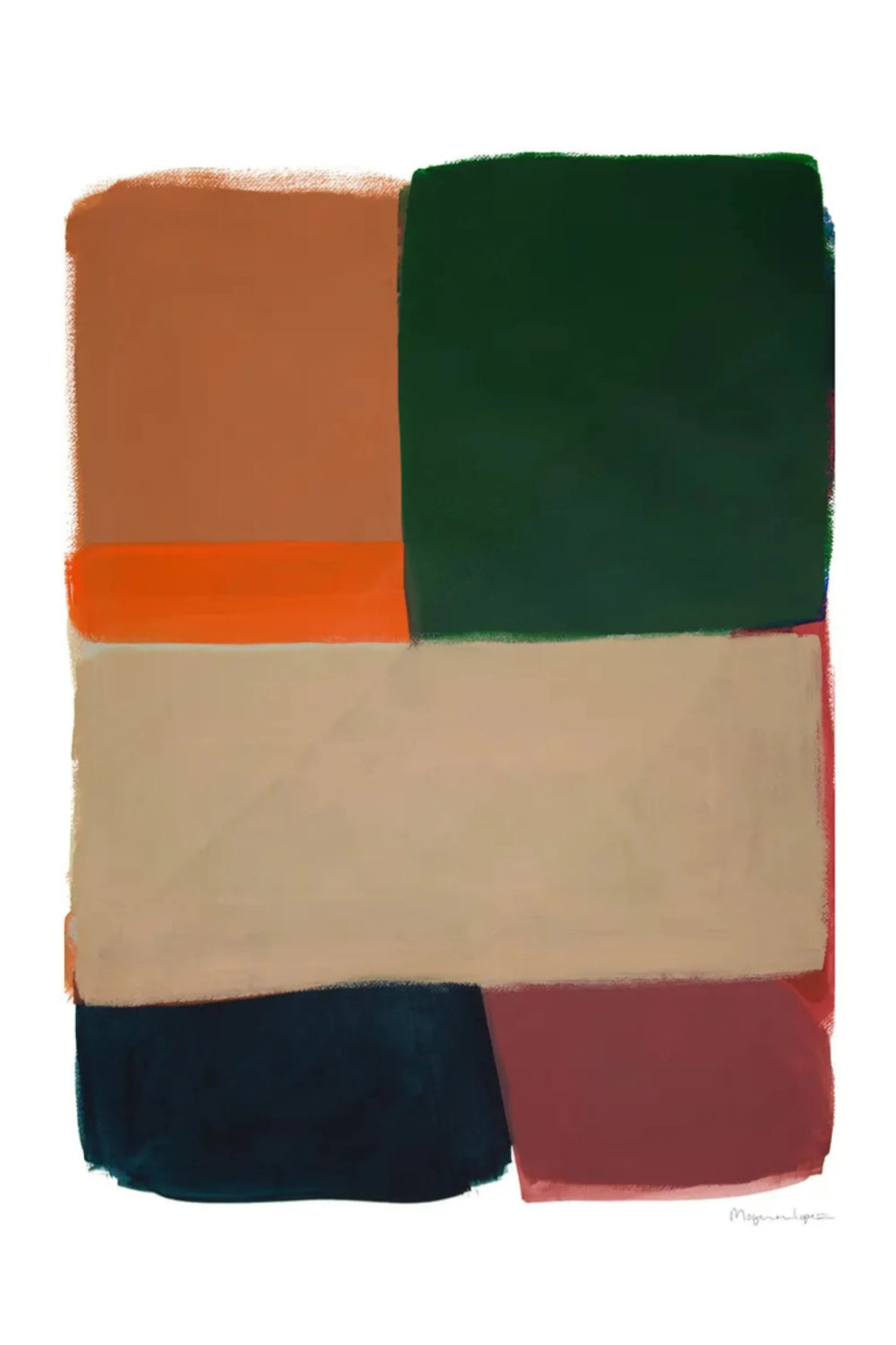 The Poster Club Colour Squares 02, an abstract art print featuring a composition of painterly rectangular color blocks in earthy and jewel tones, including rust orange, deep forest green, beige, vibrant orange, dark teal, and rich burgundy, with textured brushstroke edges. This modern minimalist poster is ideal for contemporary wall art in a living room, bedroom, or a sophisticated gallery wall.