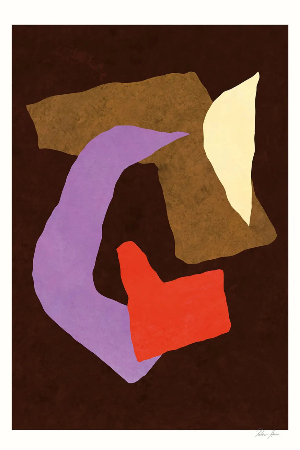 The Poster Club Blind Eye no. 04, a modern abstract art print featuring organic, irregular shapes in mustard yellow, light yellow, lavender purple, and bright orange against a rich dark brown.