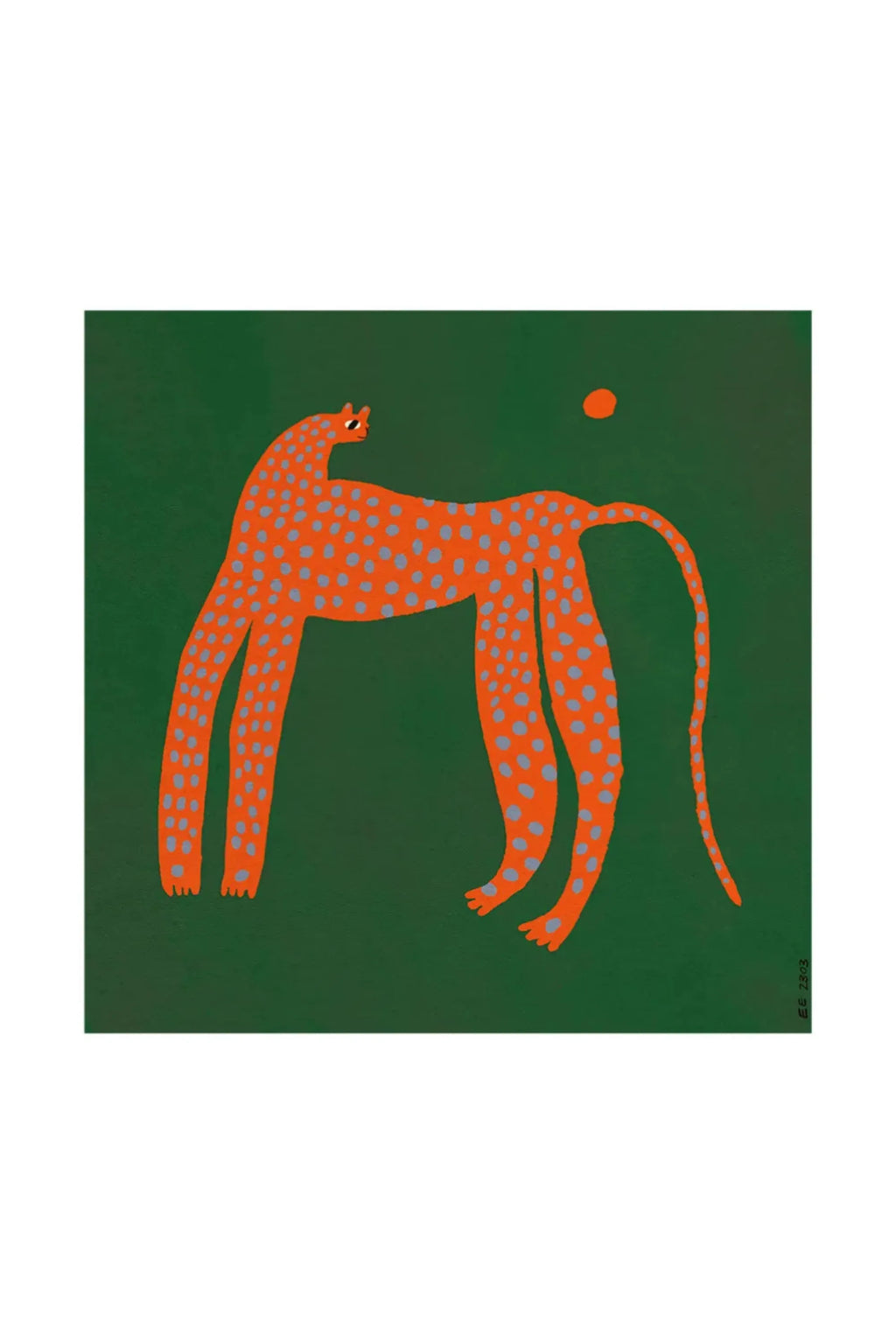 The Poster Club Spotted Panther, a vibrant graphic art print featuring a stylized orange panther with playful light blue spots and a dark green background, complemented by a small orange circle. This contemporary folk art inspired animal poster offers a unique, abstract aesthetic. Ideal for adding a pop of color to a modern living room, a whimsical touch to a child's bedroom, or as a distinctive piece on a gallery wall.