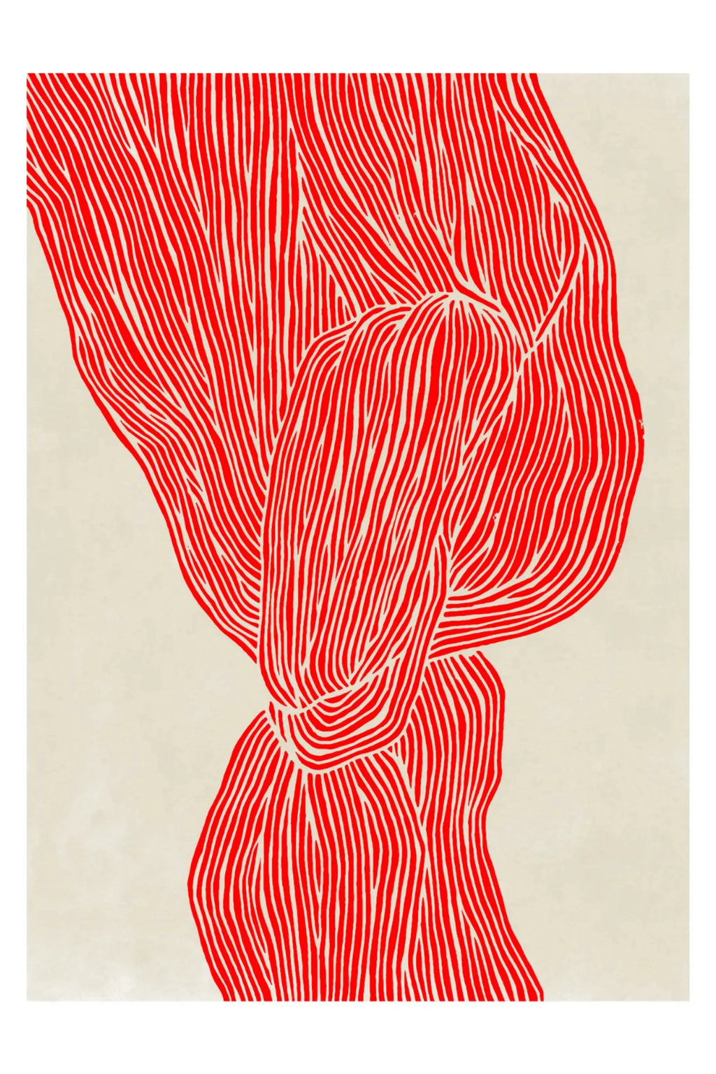 The Poster Club The Line – Red, a striking abstract art print featuring dense, wavy red lines forming an organic, intertwined shape against a soft beige background. This minimalist graphic poster offers a contemporary aesthetic with its bold color contrast and fluid, hand-drawn texture. Perfect as modern wall art for a living room, bedroom, or gallery wall in organic modern and minimalist interiors.