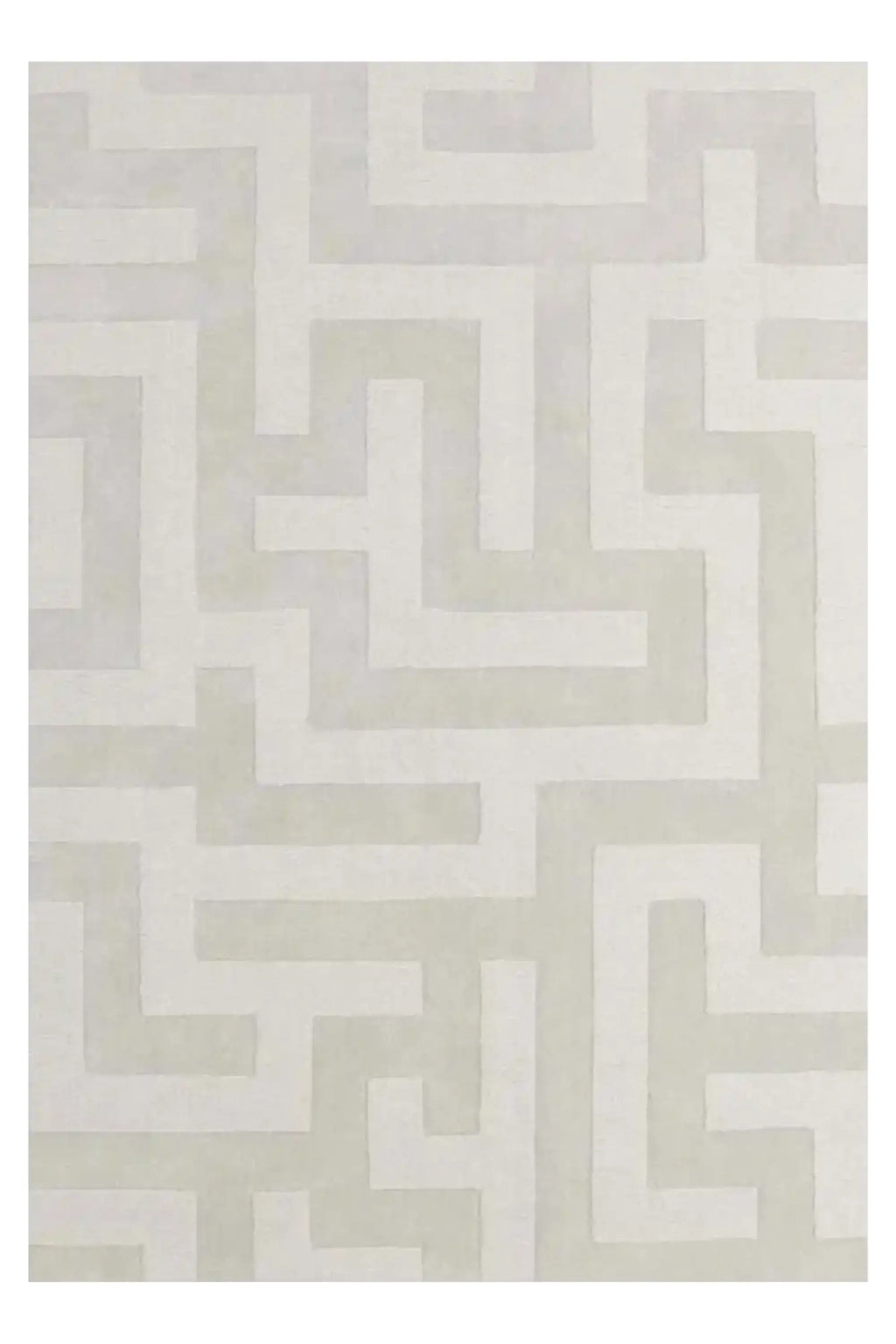 Layered Byzantine Grand Wool Rug, a luxurious light beige and off-white patterned wool rug with a subtle geometric labyrinth design. Perfect for adding a sophisticated, modern touch to any living r...