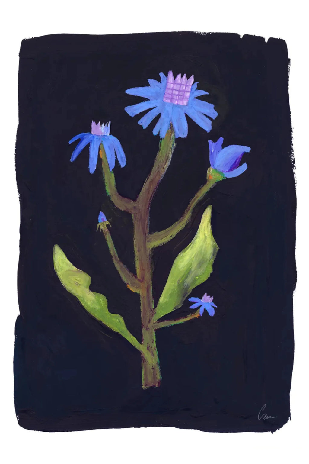 The Poster Club Night Flower, an expressive botanical art print featuring vibrant blue flowers with textured lilac purple centers and lush green leaves, set against a deep dark navy background with visible painterly brushstrokes. This folk art style floral poster is perfect for contemporary gallery walls, bedroom decor, or adding a pop of color to minimalist living spaces.
