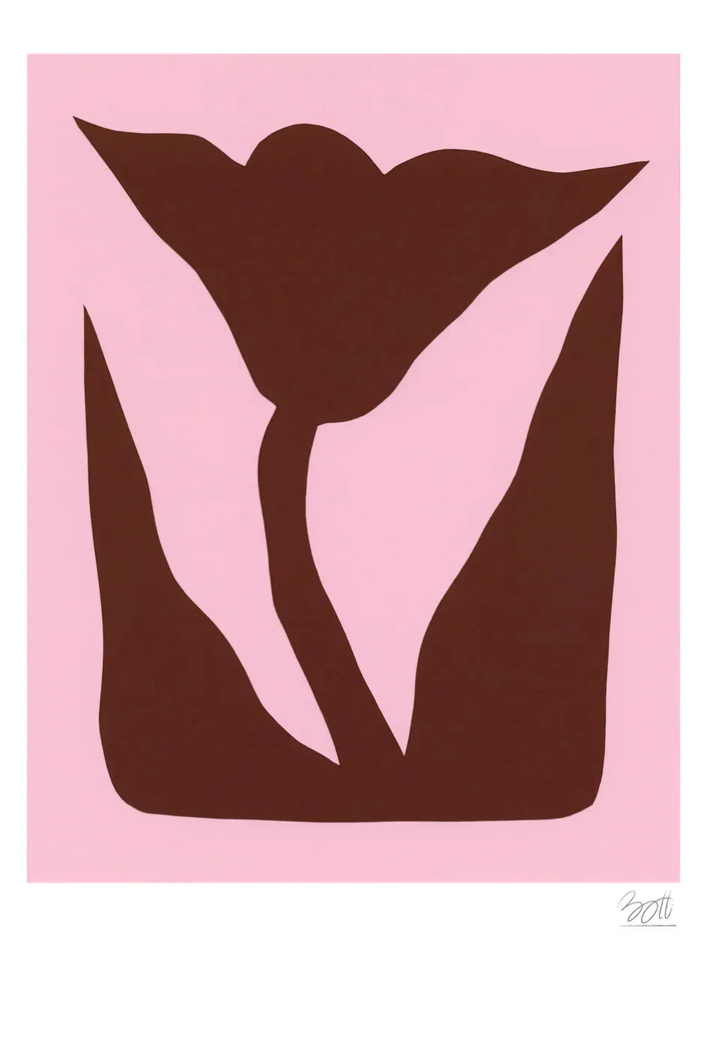 The Poster Club Mountain Lily, an abstract botanical art print featuring a bold, deep brown organic flower silhouette set against a soft light pink background, embodying a minimalist and contemporary aesthetic. This modern wall art is perfect for adding a touch of color to a living room, bedroom, or a vibrant gallery wall.