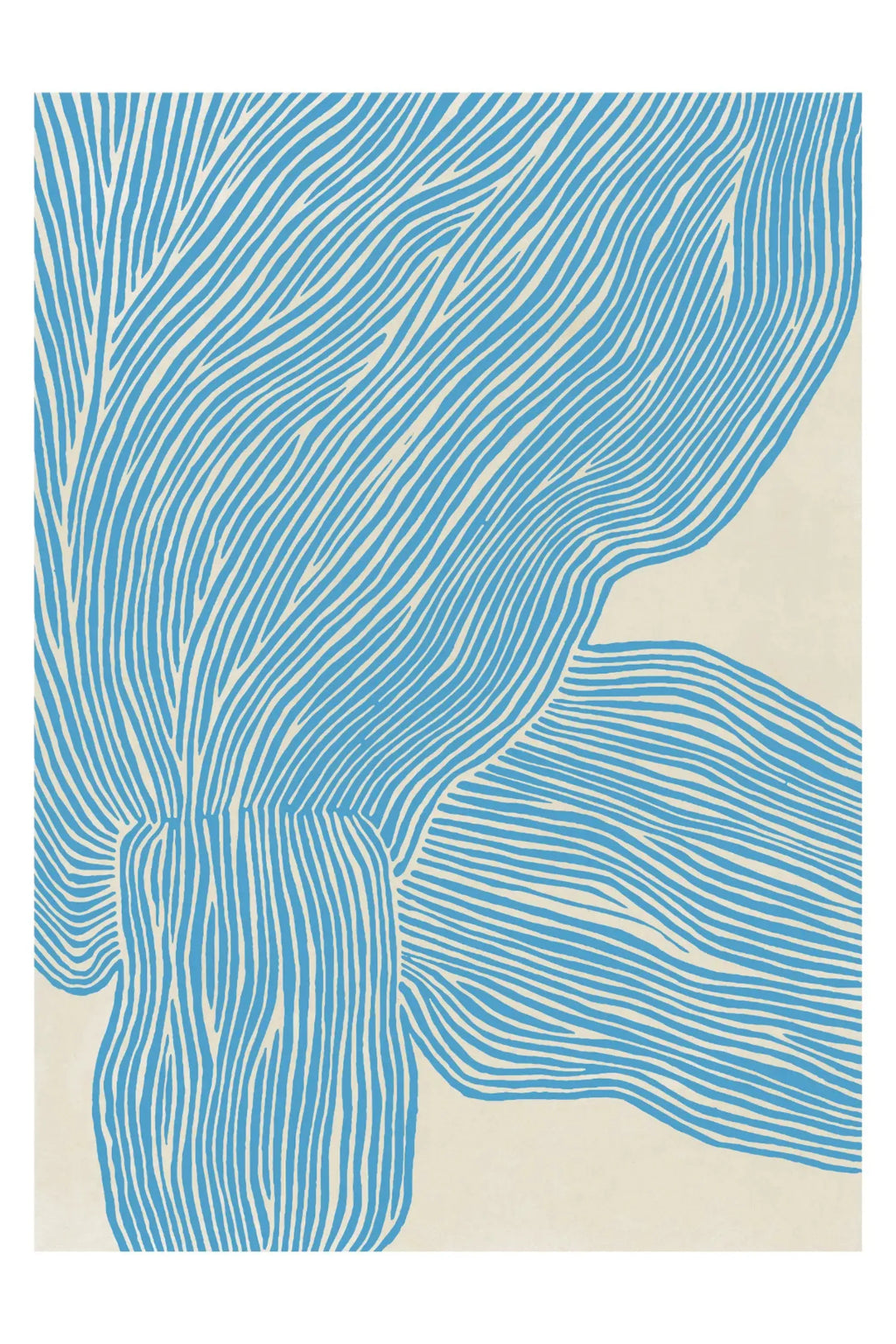 The Poster Club The Line – Blue, a striking abstract art print featuring organic, flowing light blue lines against a warm off-white background, creating a dynamic and minimalist composition. This contemporary graphic art poster offers a serene touch to modern minimalist, Scandinavian, or organic modern interiors, perfect for living rooms, bedrooms, or gallery walls.