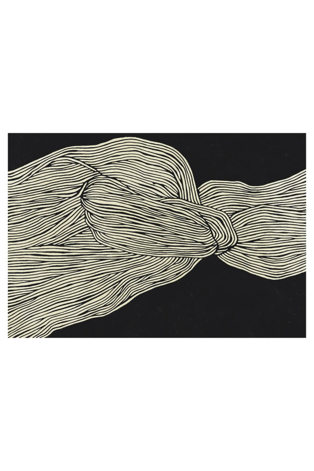 The Poster Club The Line No 12, an abstract art print featuring organic cream-colored hand-drawn lines intricately intertwined against a solid matte black background, creating a mesmerizing knot-like graphic design. This minimalist contemporary wall art is ideal for modern living rooms, Scandinavian bedrooms, or sophisticated home offices.