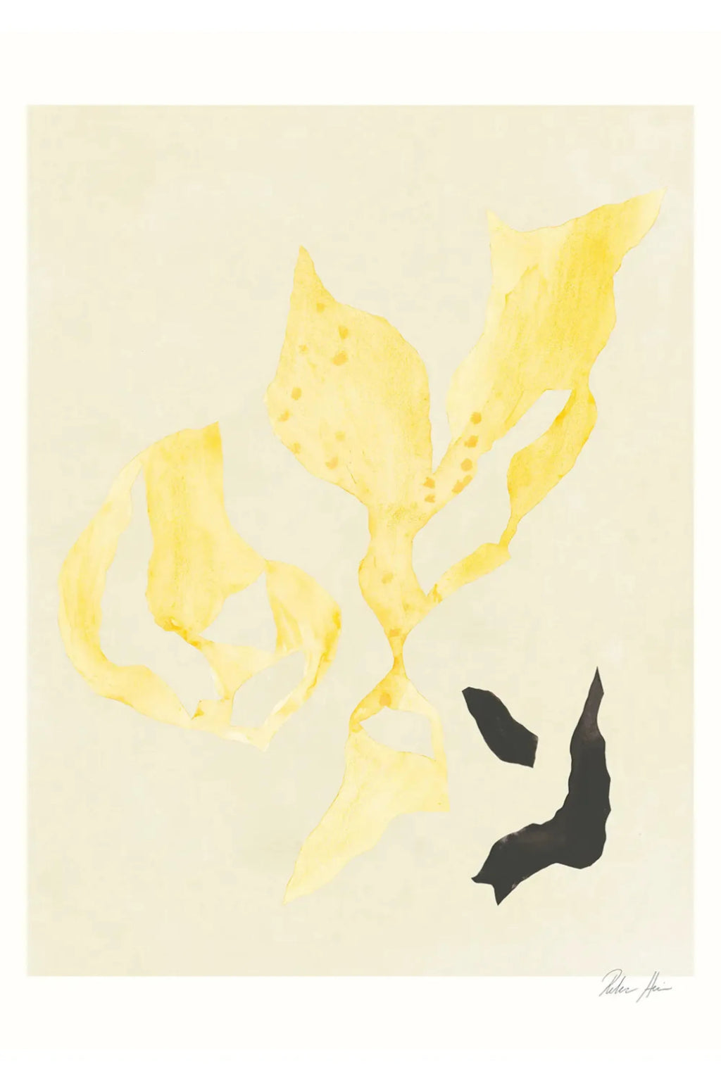 The Poster Club Shadow no. 15, an abstract art print featuring soft, organic shapes in warm yellow and deep charcoal black against a creamy off-white background.