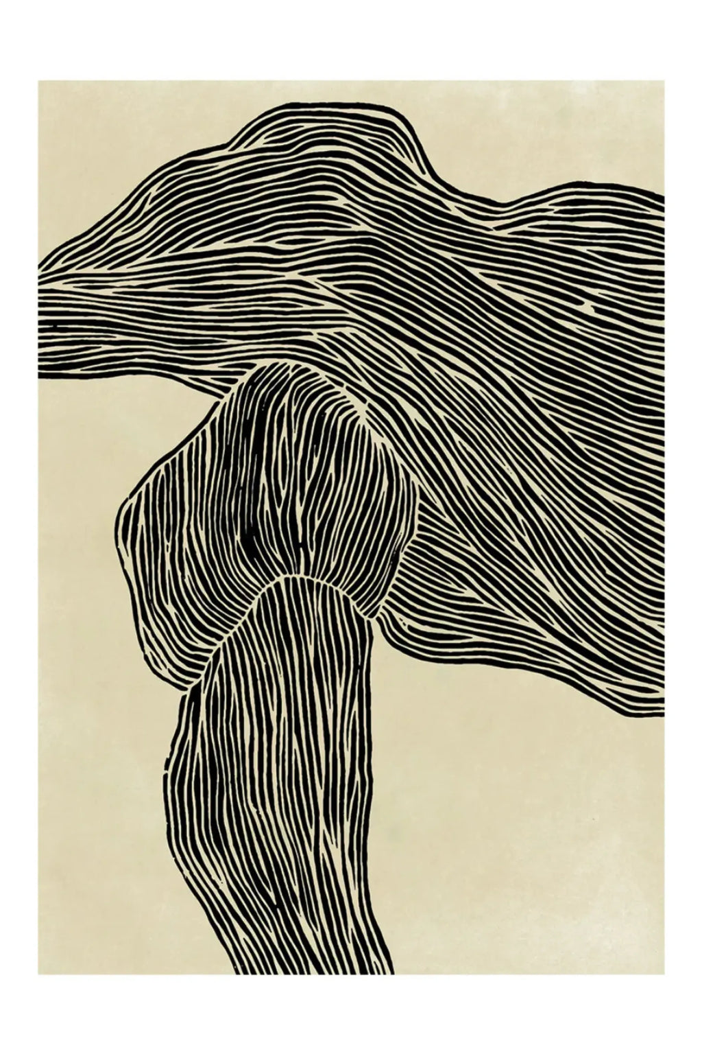 The Poster Club The Line No 16, a modern minimalist abstract art print featuring organic black parallel lines creating a flowing, layered landscape effect against a textured light beige background. This contemporary wall art evokes a serene, natural aesthetic with its wabi-sabi inspired design. Perfect for Scandinavian living rooms, japandi bedrooms, or organic modern gallery walls.