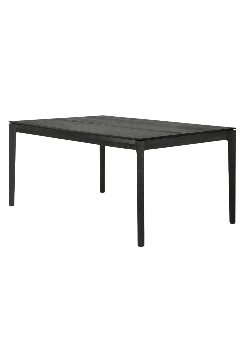 Ethnicraft Bok Extendable Dining Table, a sophisticated modern minimalist dining table crafted from black stained solid oak, featuring a sleek rectangular tabletop with a subtle overhang and visible natural wood grain texture.