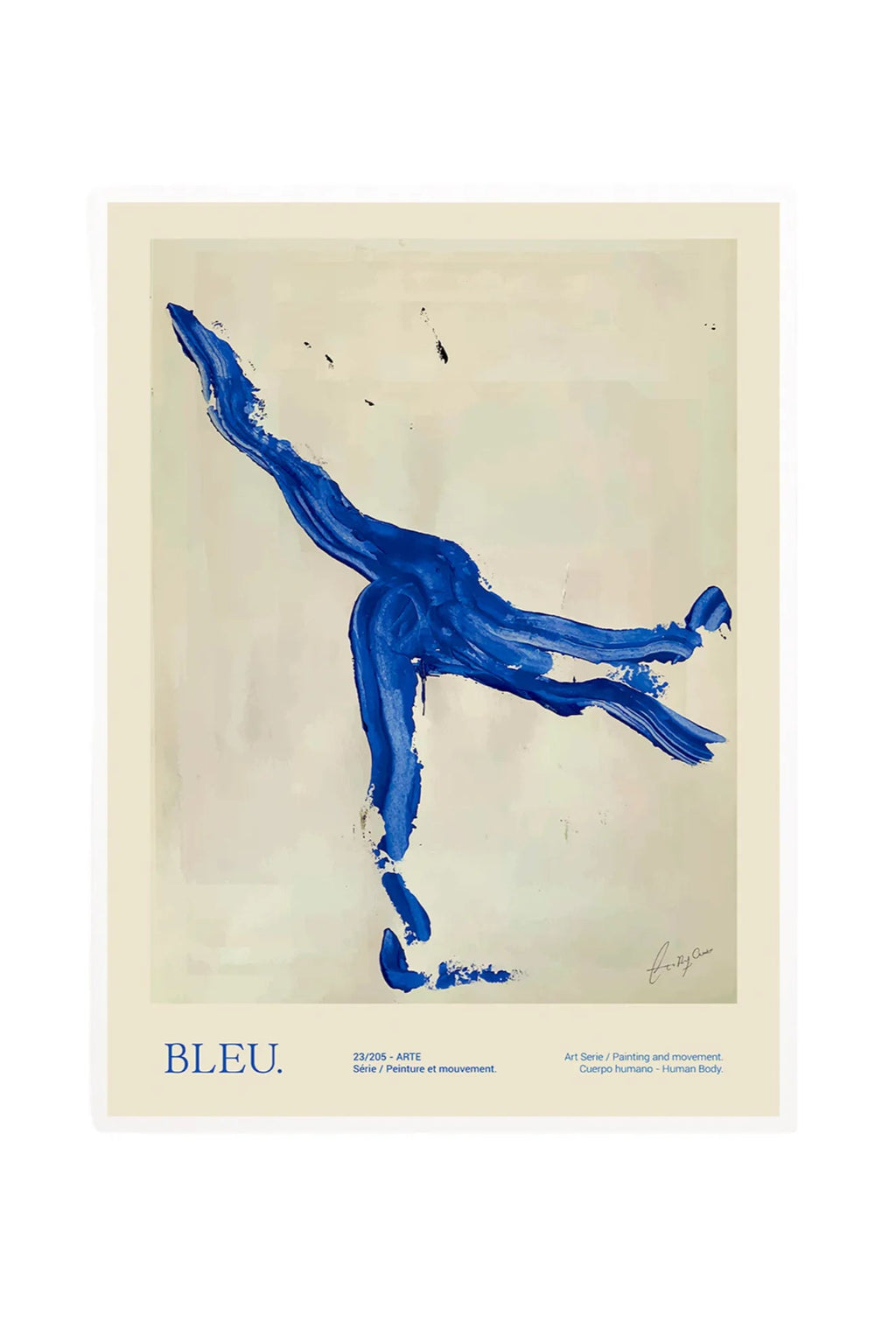 The Poster Club Bleu, a vibrant abstract art print featuring a bold, expressive electric blue brushstroke figure against a creamy off-white background. This contemporary wall art captures human body movement with its dynamic, fluid shape and visible paint texture, reminiscent of abstract expressionism. Perfect for adding a pop of color and modern artistic flair to a living room, bedroom, or gallery wall.