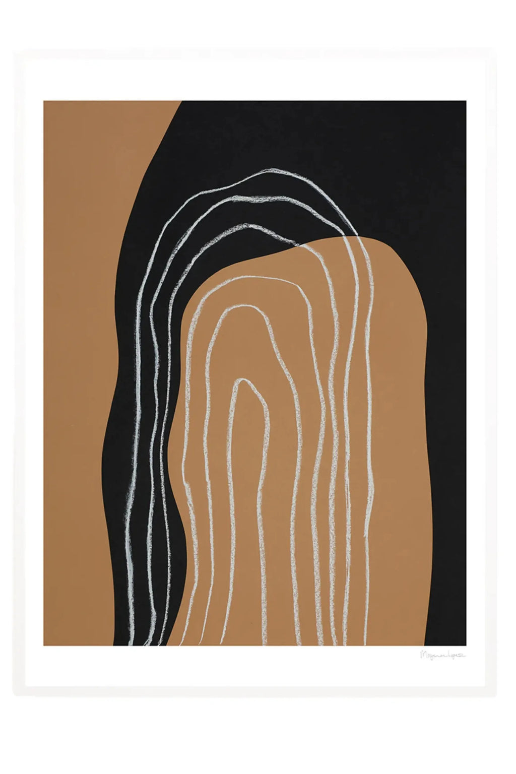 The Poster Club Shapes And Lines No 1, a modern abstract art print featuring bold organic shapes in matte black and warm caramel brown, layered with subtle white textured chalk-like lines. This minimalist poster evokes an organic modern or contemporary boho aesthetic, ideal as neutral wall art for Scandinavian living rooms, japandi bedrooms, or a sophisticated gallery wall.