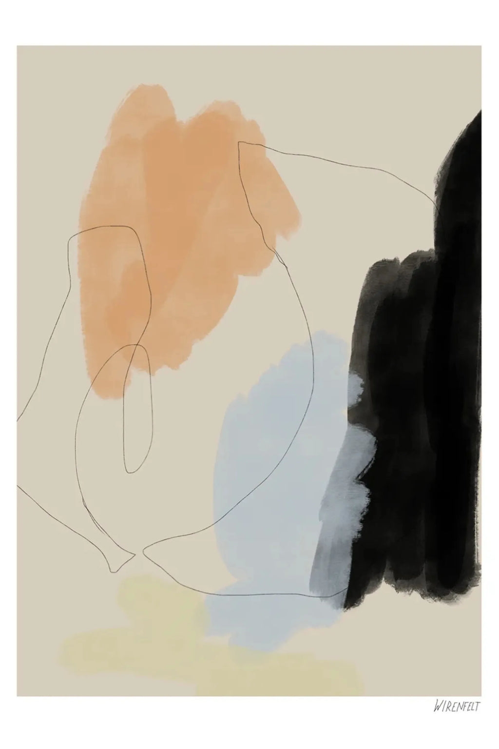 The Poster Club Franca, an abstract art print featuring soft, organic watercolor-style brushstrokes in warm peach, light blue, and pale yellow against a neutral beige background, overlaid with delicate, fluid black fine line drawings. This contemporary minimalist poster with its painterly texture is perfect as modern wall art for Scandinavian living rooms, japandi bedrooms, or a sophisticated gallery wall.