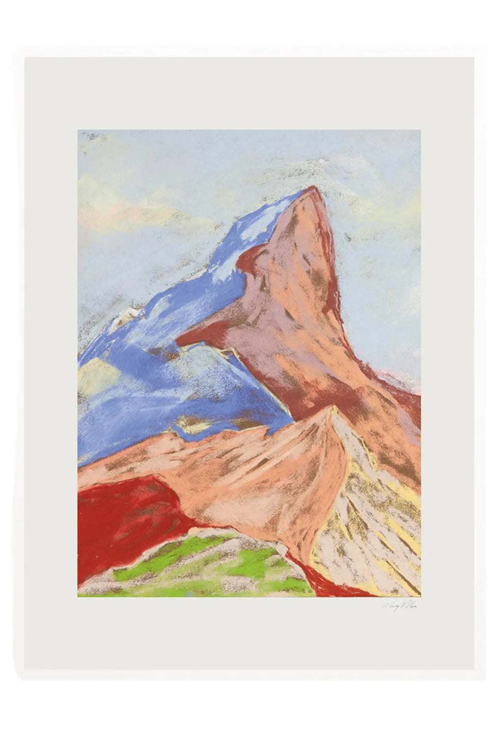 The Poster Club Cuillin Ridge IV, an abstract landscape art print featuring expressive pastel-like mountains in a vibrant palette of muted blues, soft peach, deep red, and hints of lime green. This contemporary wall art captures a dynamic mountain scene with a textured, painterly feel, printed on high-quality art paper. Perfect for adding a pop of color to modern living rooms, bedrooms, or a curated gallery wall.
