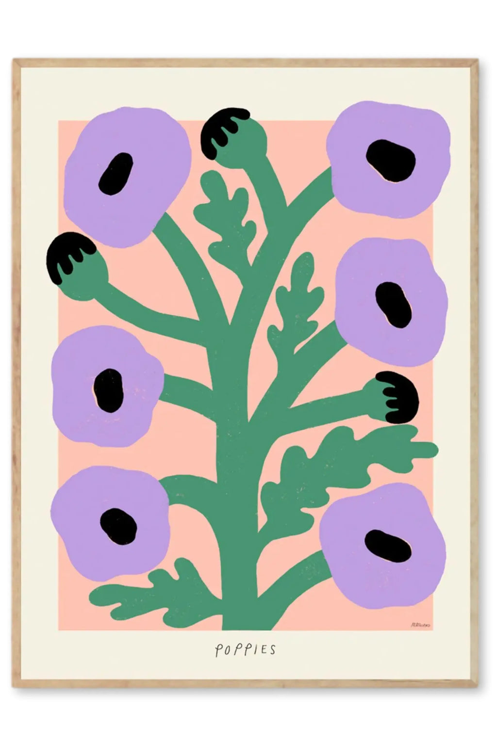 The Poster Club Purple Poppies, a vibrant abstract floral art print featuring bold lilac purple poppy blooms with black centers and deep green stems and leaves, set against a soft peach background.