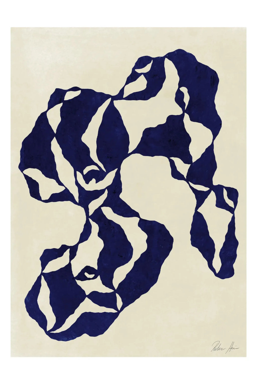 The Poster Club Together no. 01, an abstract art print featuring bold, interconnected indigo blue organic shapes against a warm cream background.