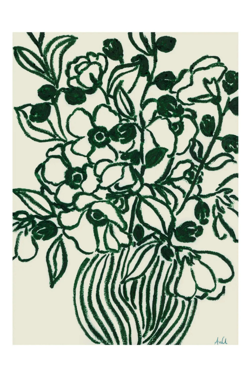 The Poster Club Poppy Studies II, a minimalist abstract floral art print featuring a hand-drawn bouquet of poppies and leaves in a textured dark green line art style. The vibrant green botanical illustration sits in a striped vase against a soft cream background, creating an organic modern aesthetic. This contemporary wall art is perfect for Scandinavian living rooms, bedroom accents, or gallery wall styling.