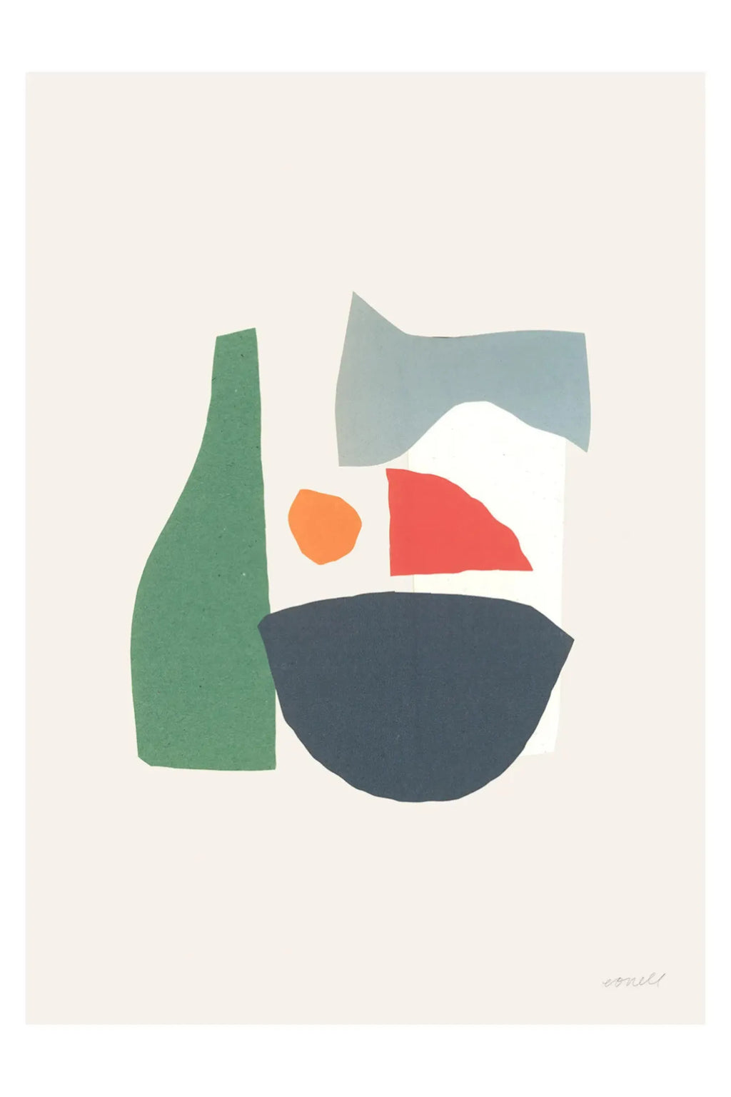 The Poster Club Ramen Shop, a modern abstract art print featuring organic shapes in a minimalist collage style, rendered in forest green, charcoal grey, coral red, soft orange, and light blue against a warm beige background. This contemporary wall art is ideal for adding a touch of color to Scandinavian interiors, modern kitchens, or dining room gallery walls.