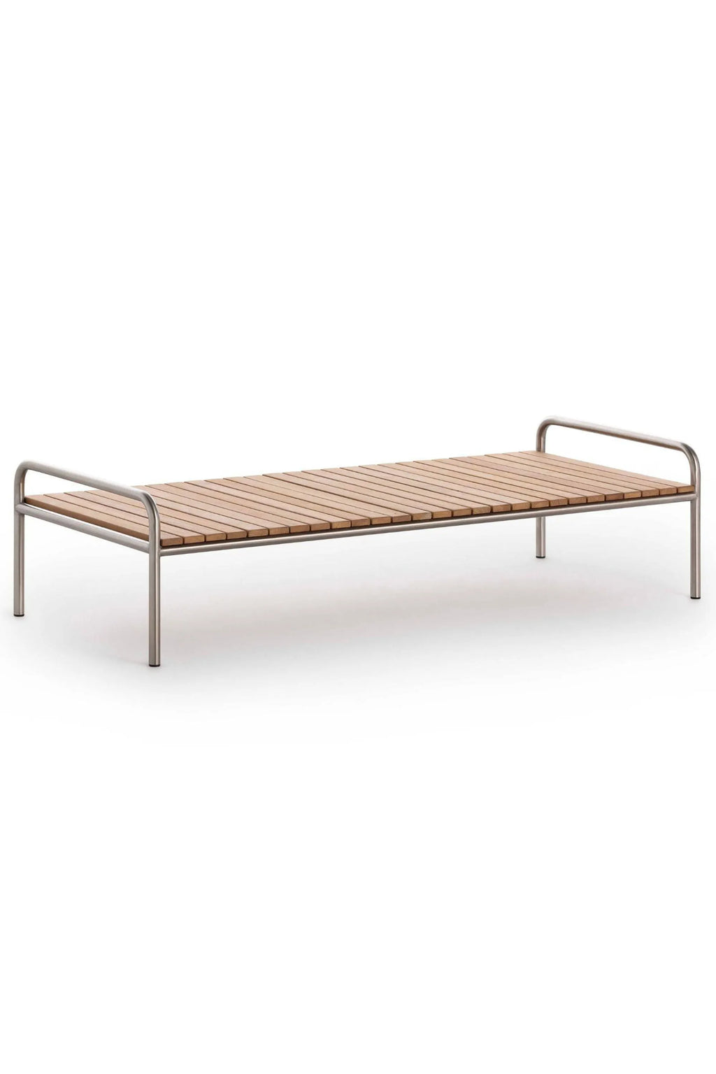 Gandia Blasco Onsen Coffee Table 153, a modern minimalist outdoor coffee table featuring a long, rectangular top crafted from natural teak wood slats set within a sleek brushed stainless steel frame.