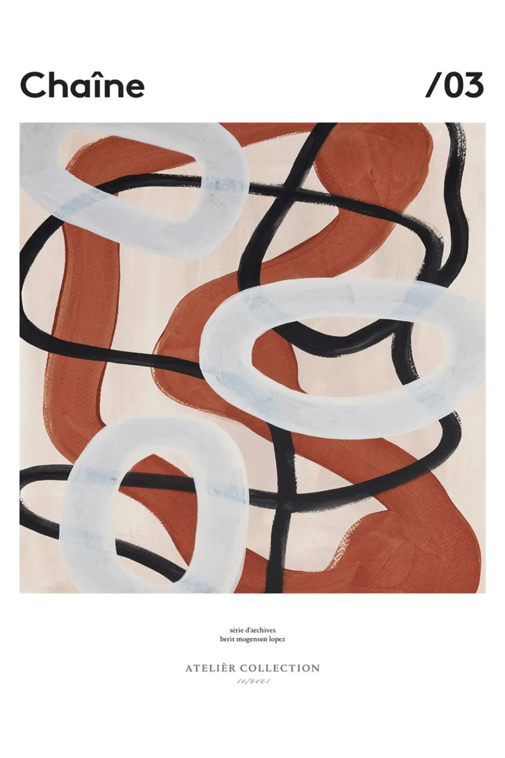 The Poster Club Chaine, an abstract art print featuring bold, organic looping shapes and fluid lines in a contemporary minimalist style. This painterly design showcases warm terracotta rust, deep black, and soft off-white brushstrokes against a pale beige background, creating a harmonious and artistic focal point. Perfect as modern wall art for a living room, bedroom, or gallery wall in organic modern or Scandinavian interiors.