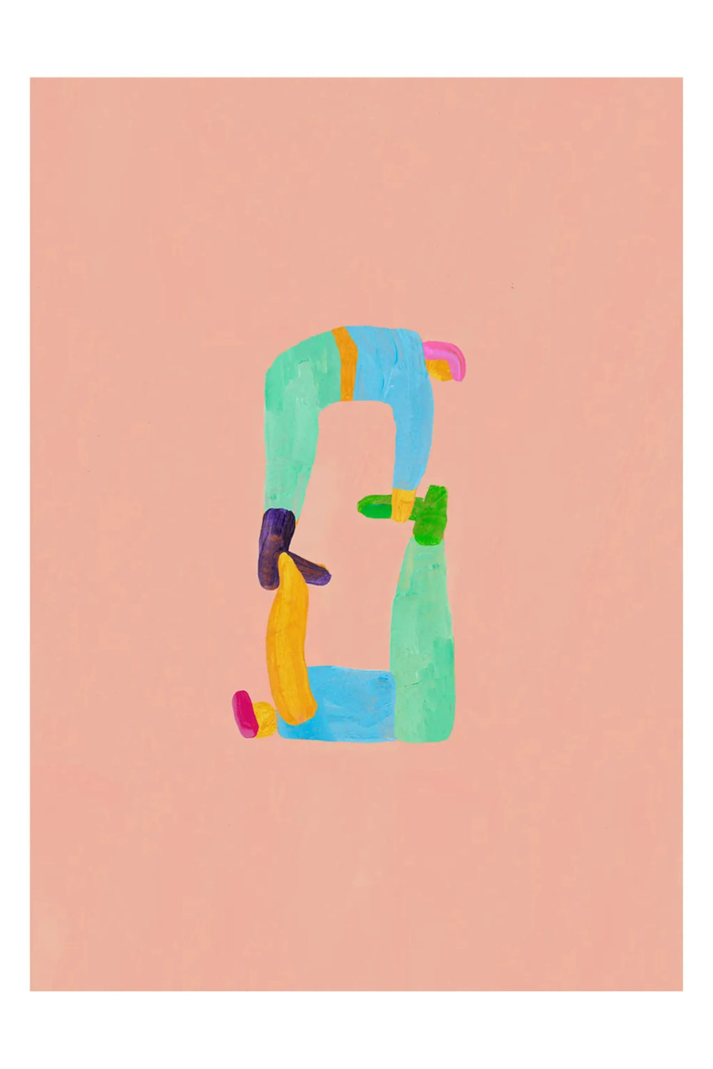 The Poster Club Position 0, a vibrant abstract art print showcasing expressive, organic shapes in a palette of light blue, teal green, mustard yellow, dark purple, and fuchsia pink, all set against.