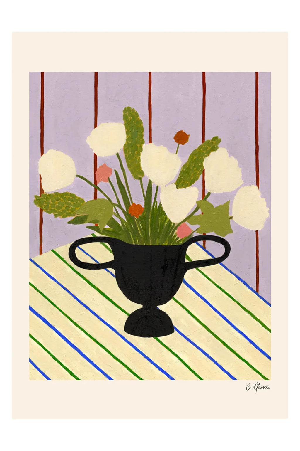 The Poster Club Flowers on Striped Cloth, a vibrant contemporary floral still life art print featuring a black amphora-style vase filled with off-white flowers, lush green leaves, and subtle peach accents. This painterly naive art print showcases a cream tablecloth with bold diagonal green and blue stripes against a textured lavender background with rustic reddish-brown vertical stripes.