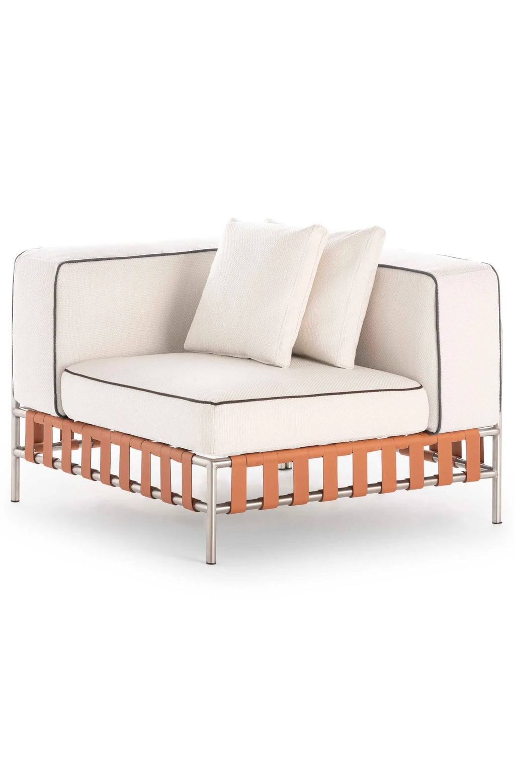 Gandia Blasco Onsen Sectional 6, a modern outdoor lounge chair module upholstered in plush cream textured outdoor fabric with crisp dark contrast piping and matching throw pillows.