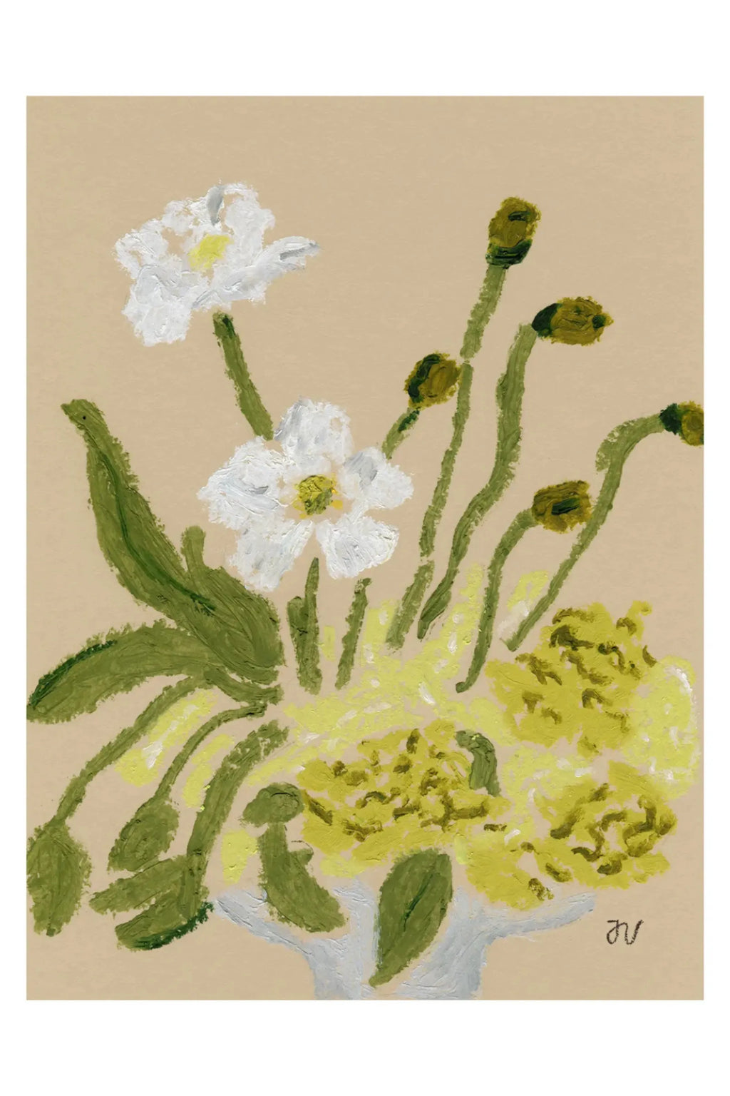 The Poster Club Spring Blossom, an impressionistic floral art print featuring vibrant white blossoms with yellow centers, olive green stems and buds, and delicate lime green clusters.